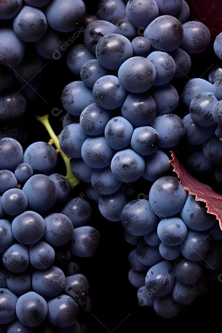 Vista de uvas roxas, altamente detalhadas.