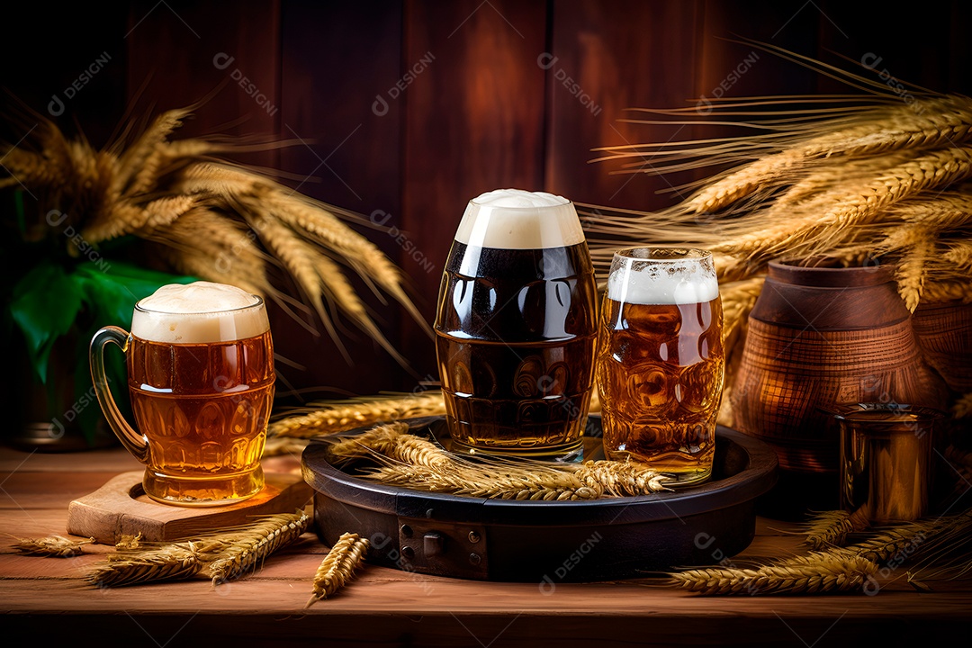 Cevada ao lado de copos de cerveja em uma mesa de madeira