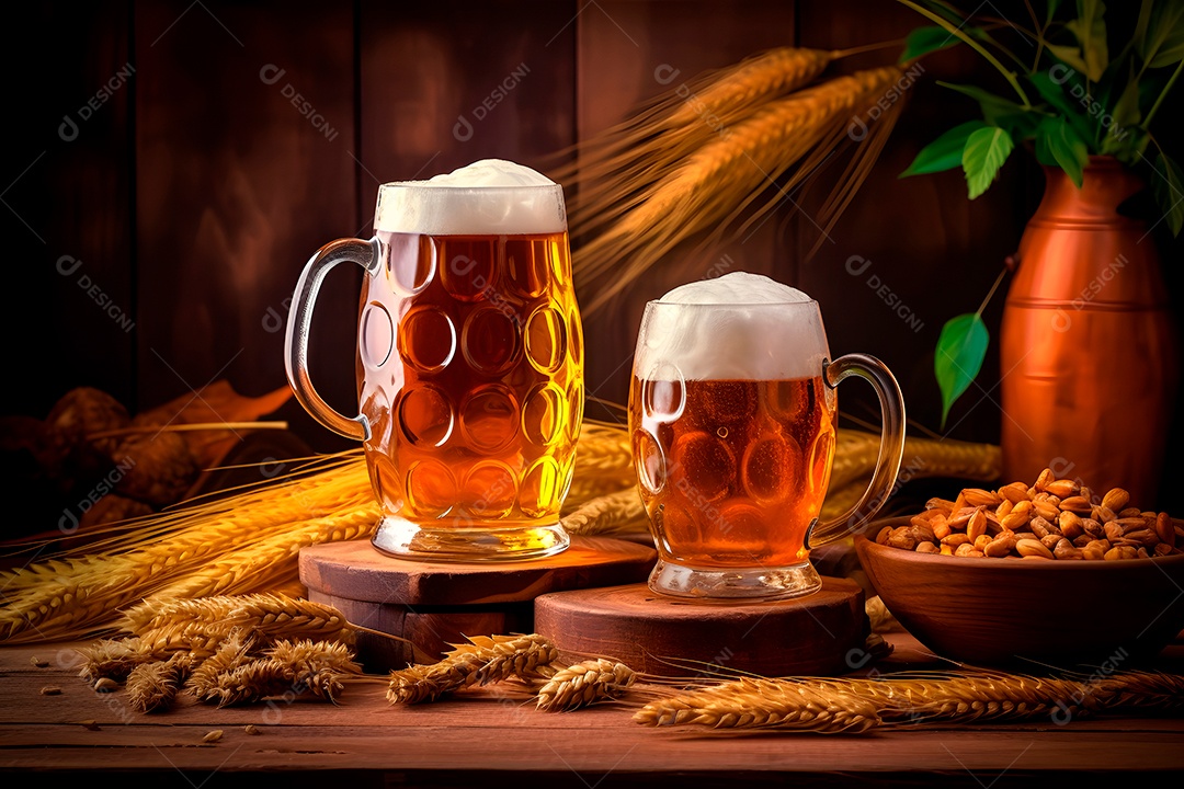 Cevada ao lado de copos de cerveja em uma mesa de madeira