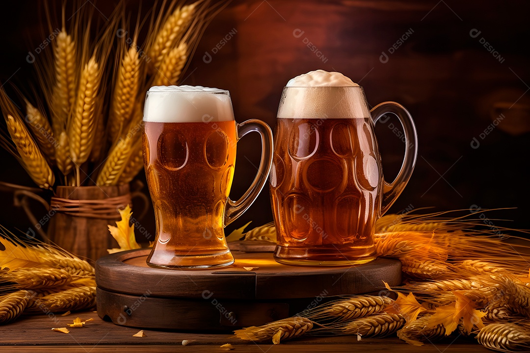 Cevada ao lado de copos de cerveja em uma mesa de madeira