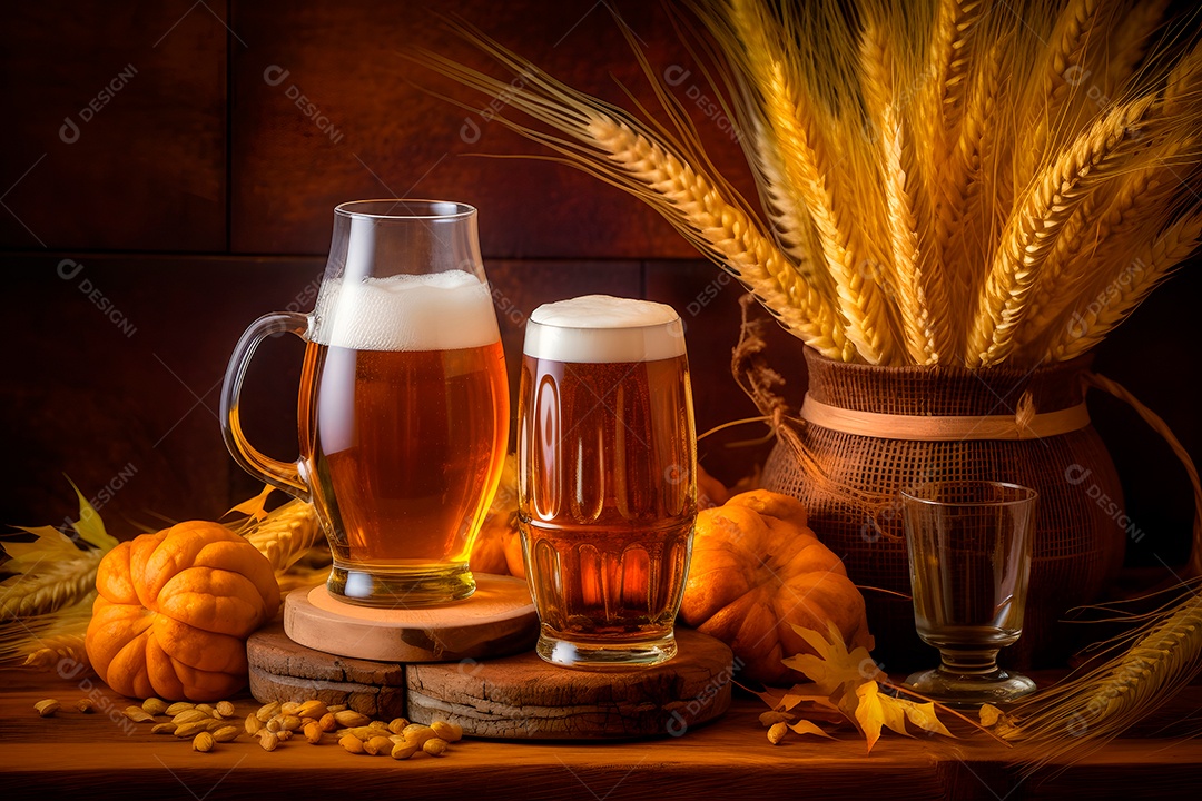 Cevada ao lado de copos de cerveja em uma mesa de madeira