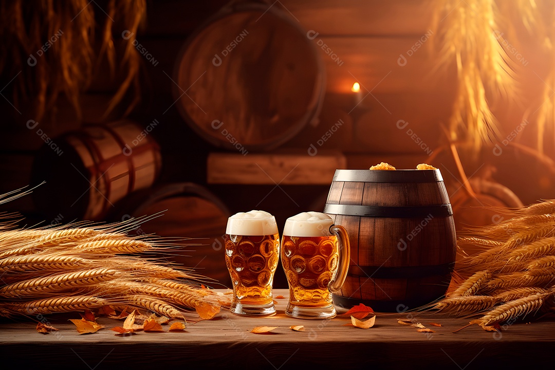 Cevada ao lado de copos de cerveja em uma mesa de madeira