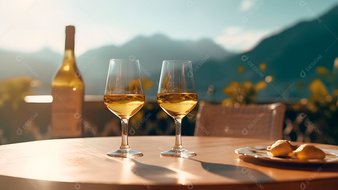 Taças de bebidas em uma mesa de madeira fundo uma linda paisagem