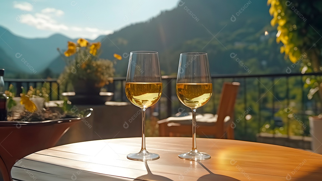 Taças de bebidas em uma mesa de madeira fundo uma linda paisagem