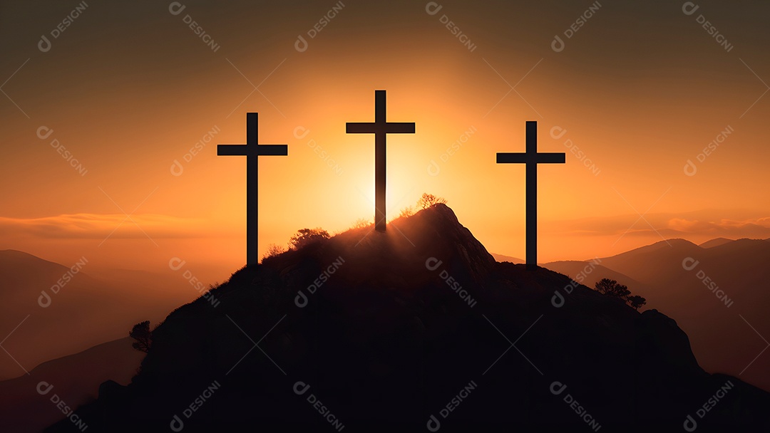 SIlhueta de Três cruzes de madeira ficam em uma colina ao pôr do sol