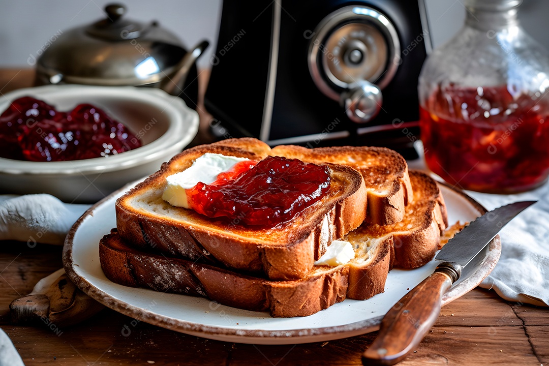 Mesa de café da manhã torrada com geleia em uma mesa