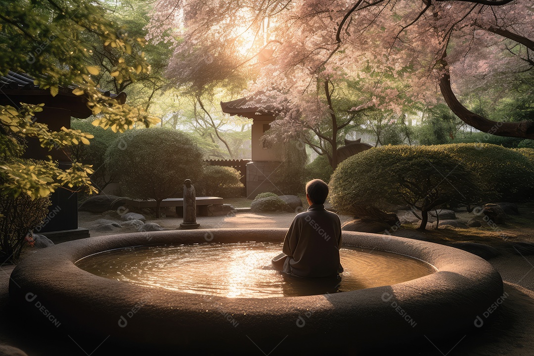 Praticante meditando em um jardim japonês sob árvores de flor de cerejeira