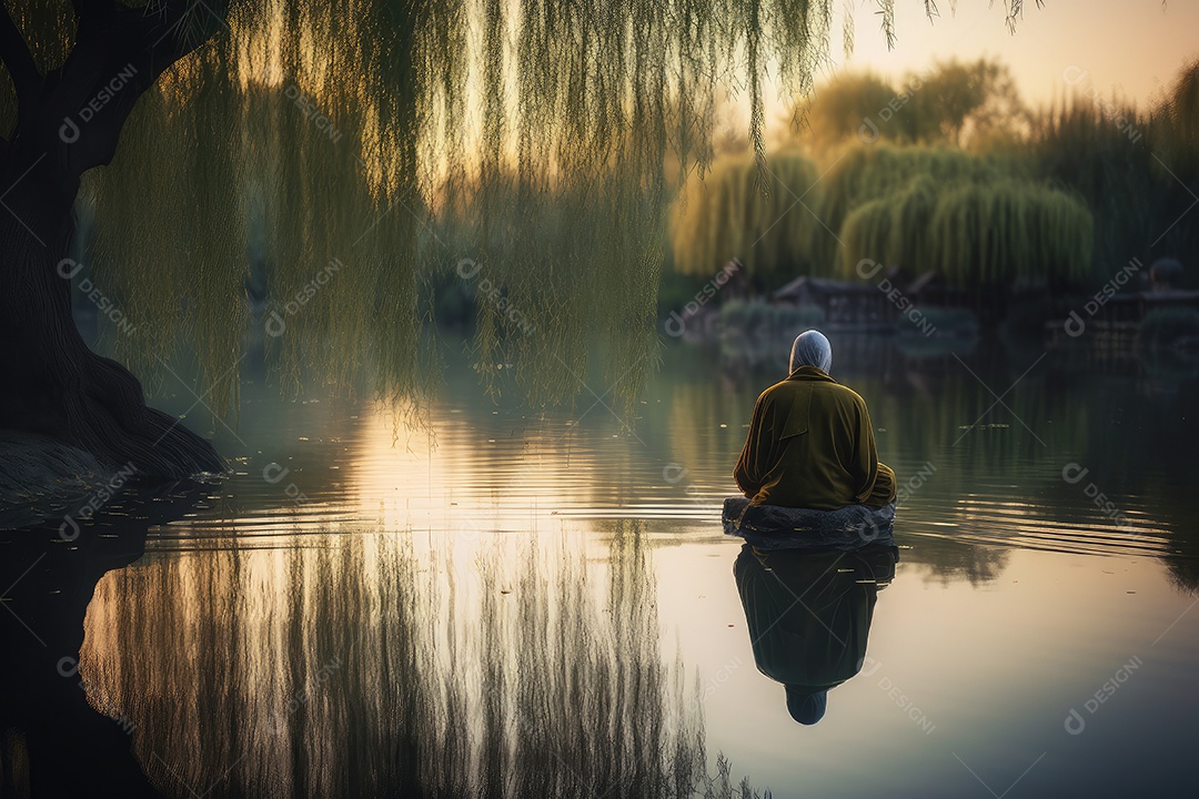 Monk medita sob a árvore, reflexão no lago Serene