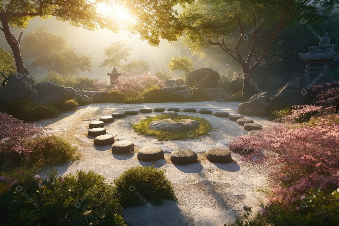 Monk medita em Zen Garden ao amanhecer