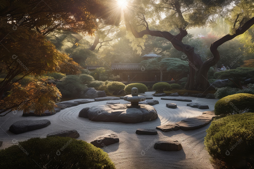 Monk medita em Zen Garden ao amanhecer