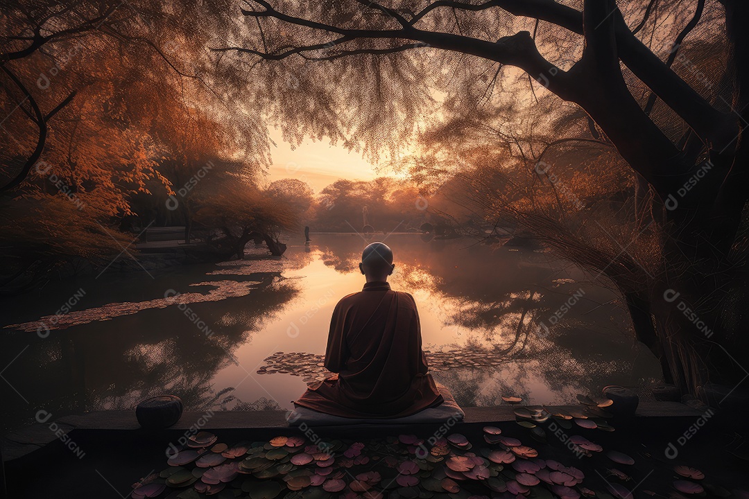 Meditação serena em um jardim zen no anoitecer