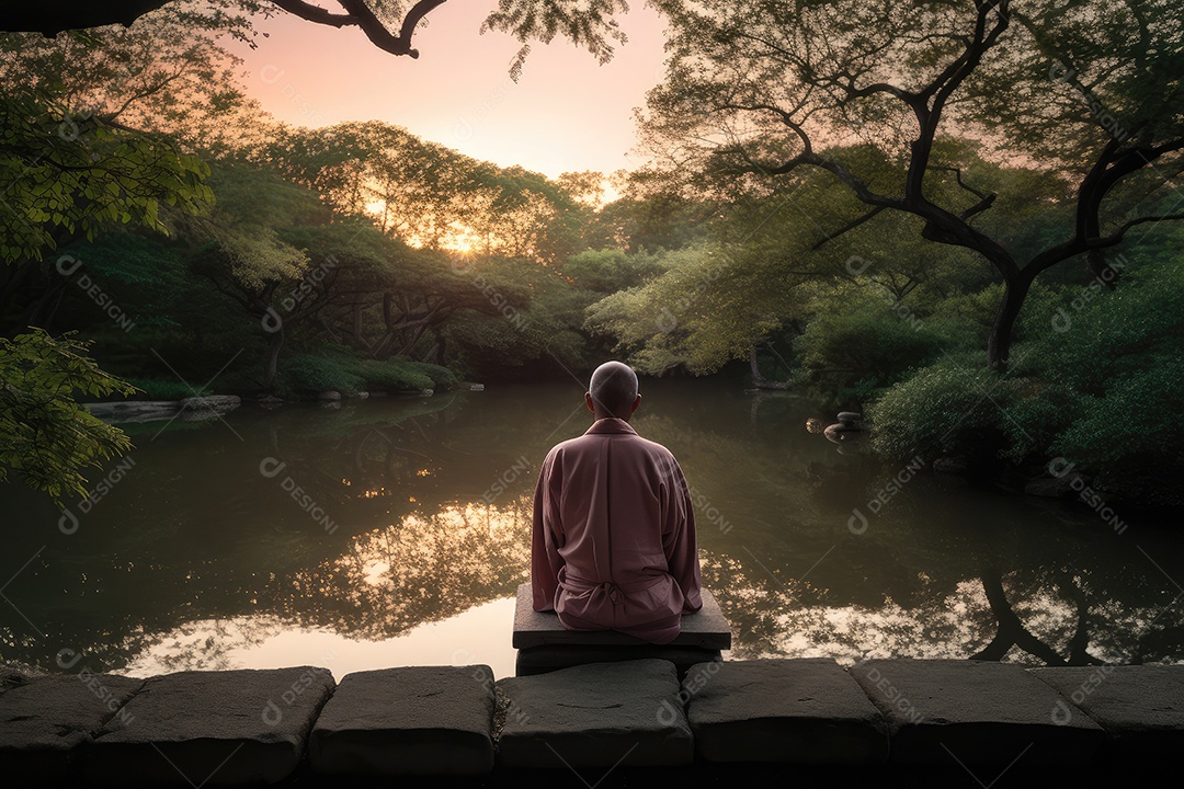 Meditação serena em um jardim zen no anoitecer