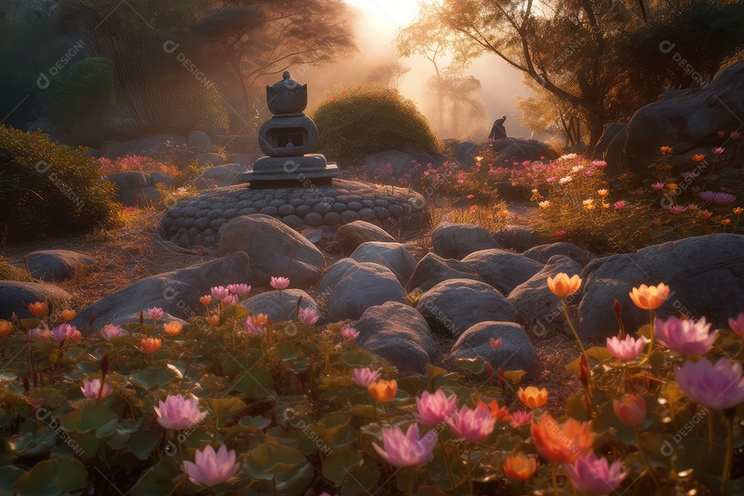 Buda sereno no jardim de pedras ao amanhecer