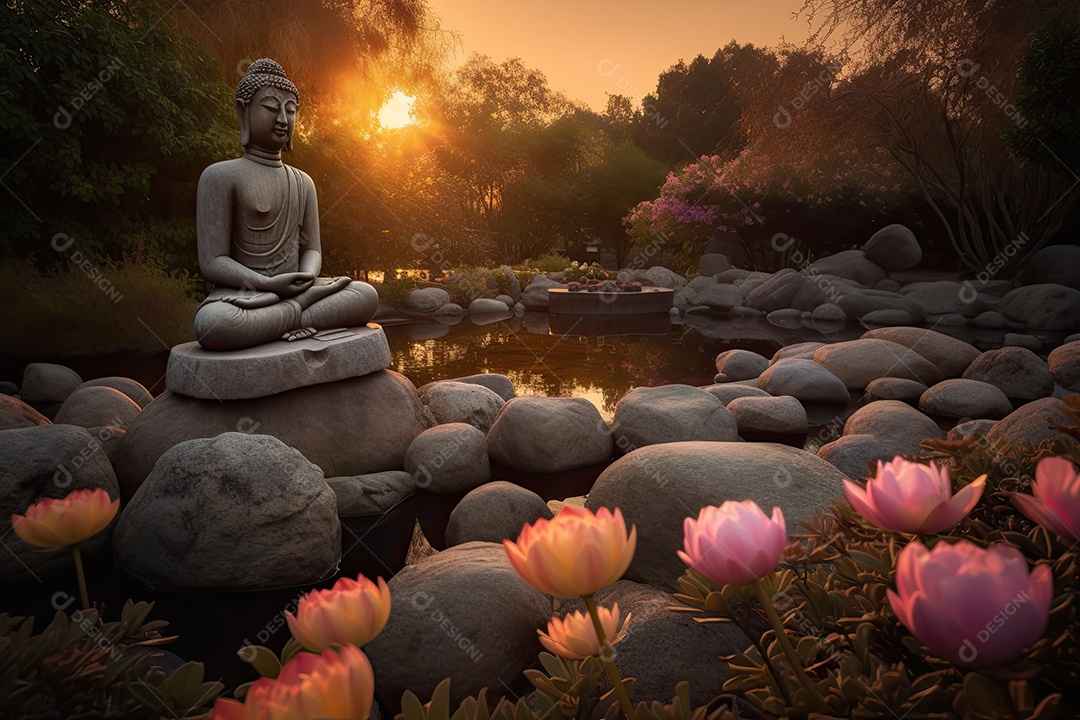 Buda sereno no jardim de pedras ao amanhecer