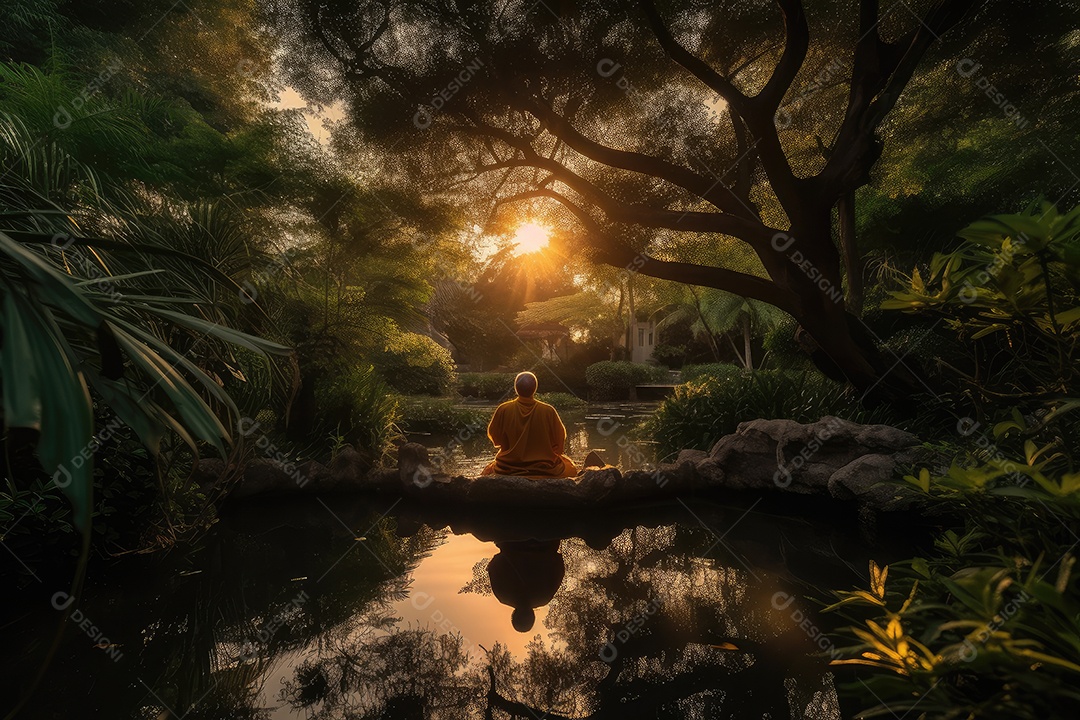 Monk medita em um jardim sereno sob o céu e árvores do crepúsculo refletido no lago