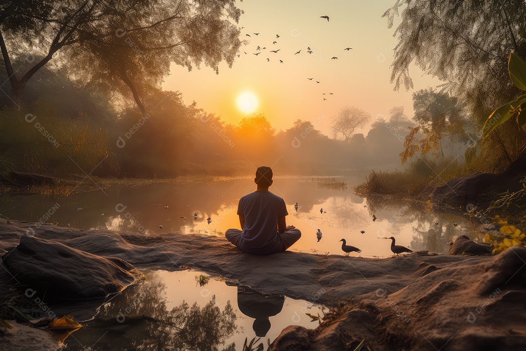 Praticante de ioga em conexão com a natureza ao amanhecer