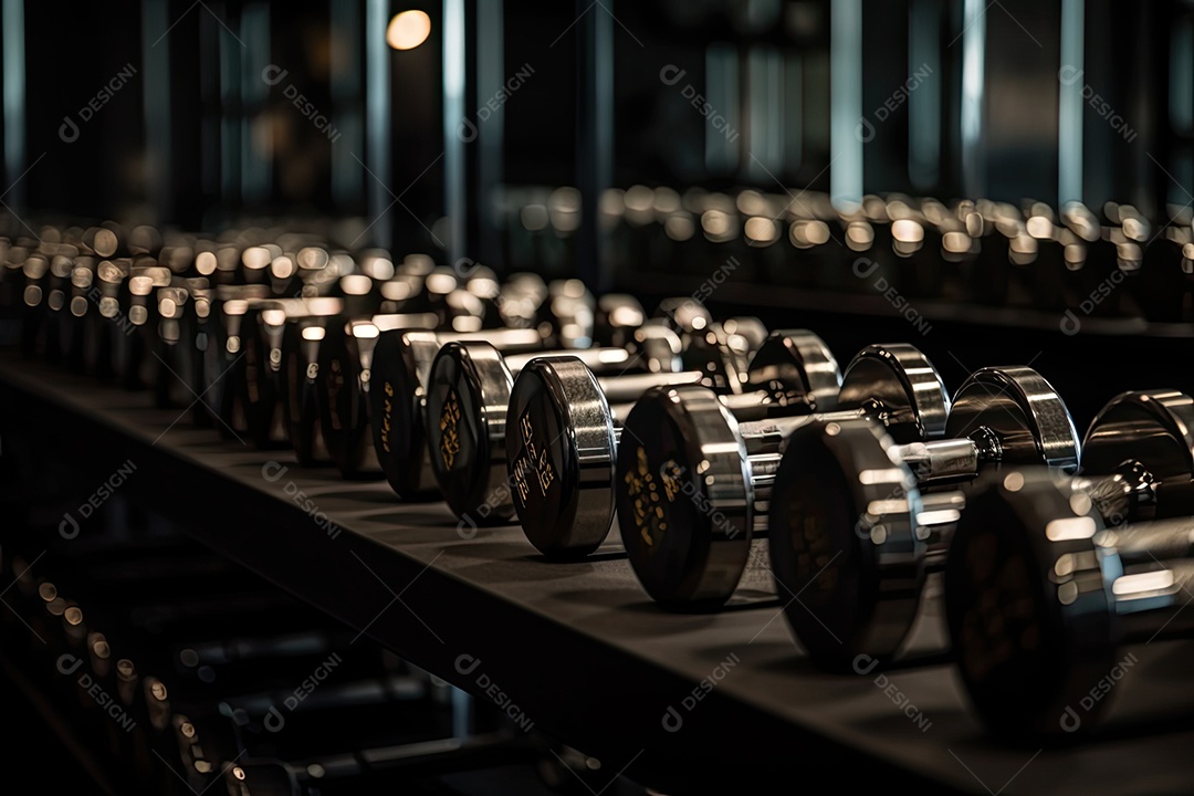 Cena robusta na academia pesos brilhantes, halteres alinhados e placas de ferro empilhadas
