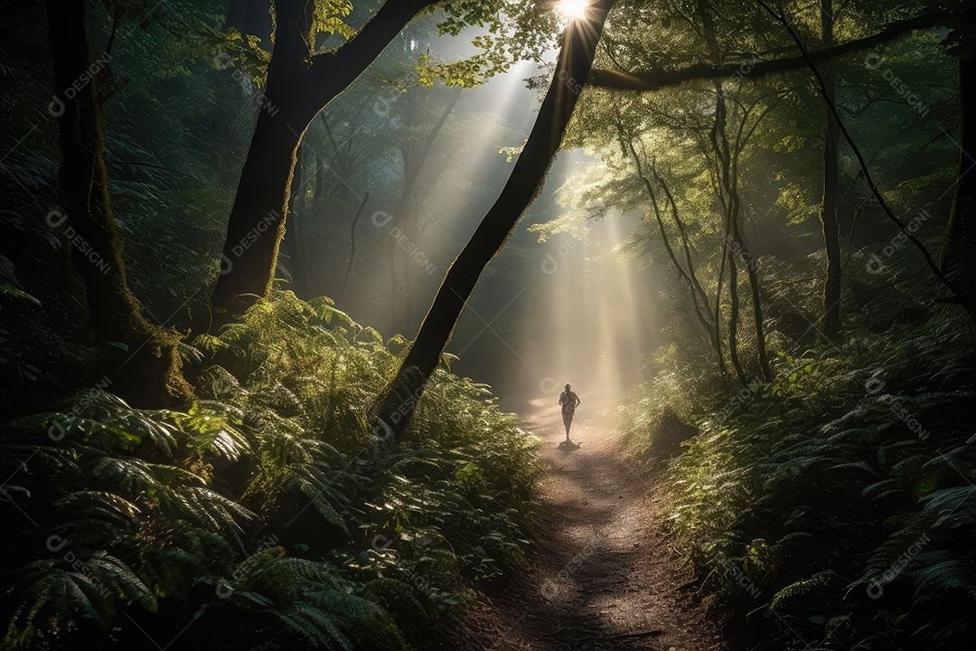 O corredor solitário atravessa a Misty Forest em exercícios intensos, com montanha em segundo plano