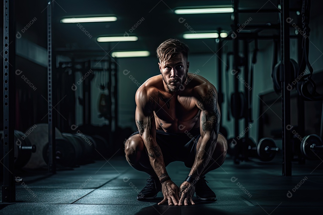 Atleta muscular focado em agachamento intenso na academia