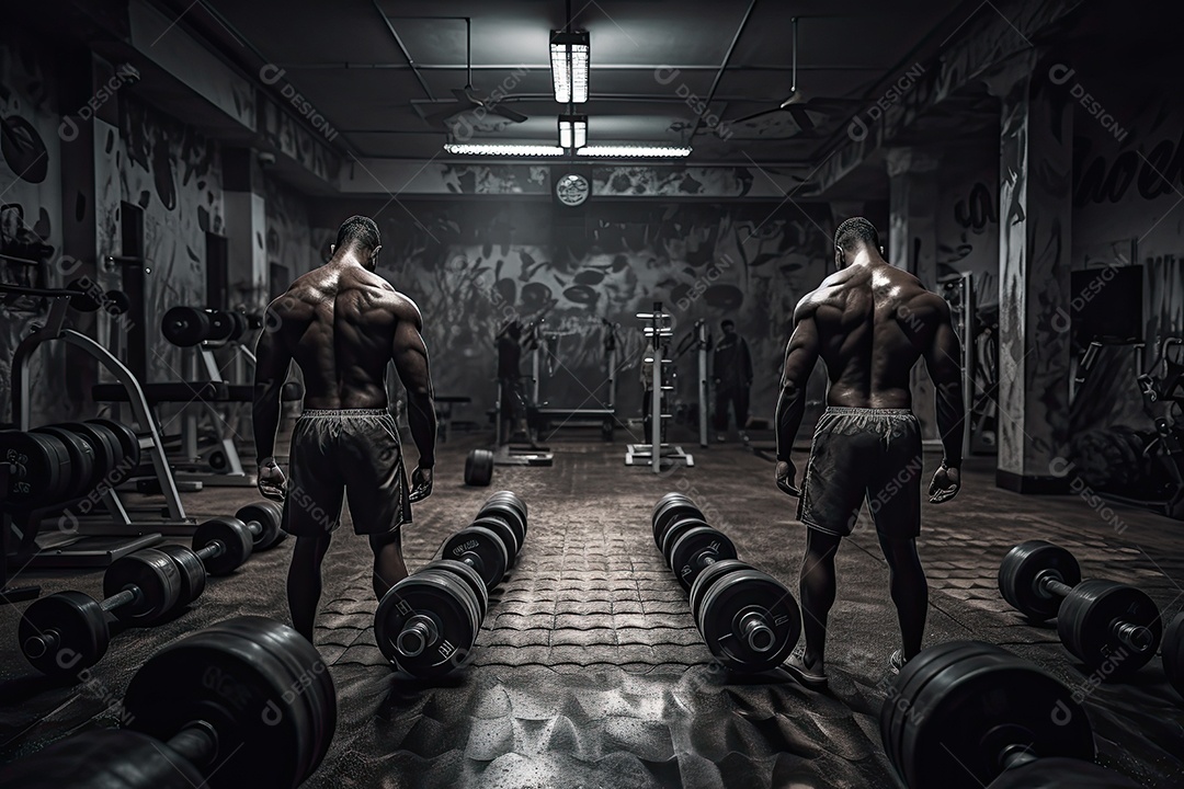 Cena enérgica nos fisiculturistas da academia treinando com equipamentos variados