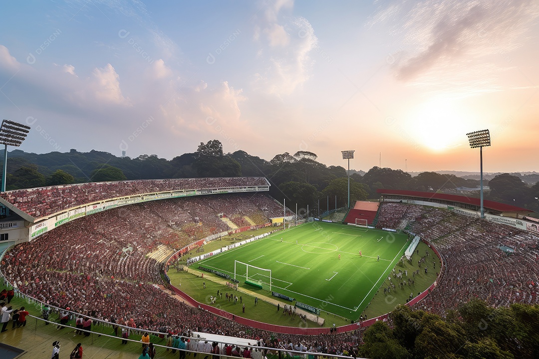 Estádio completo, pitch verde, multidão vibrante