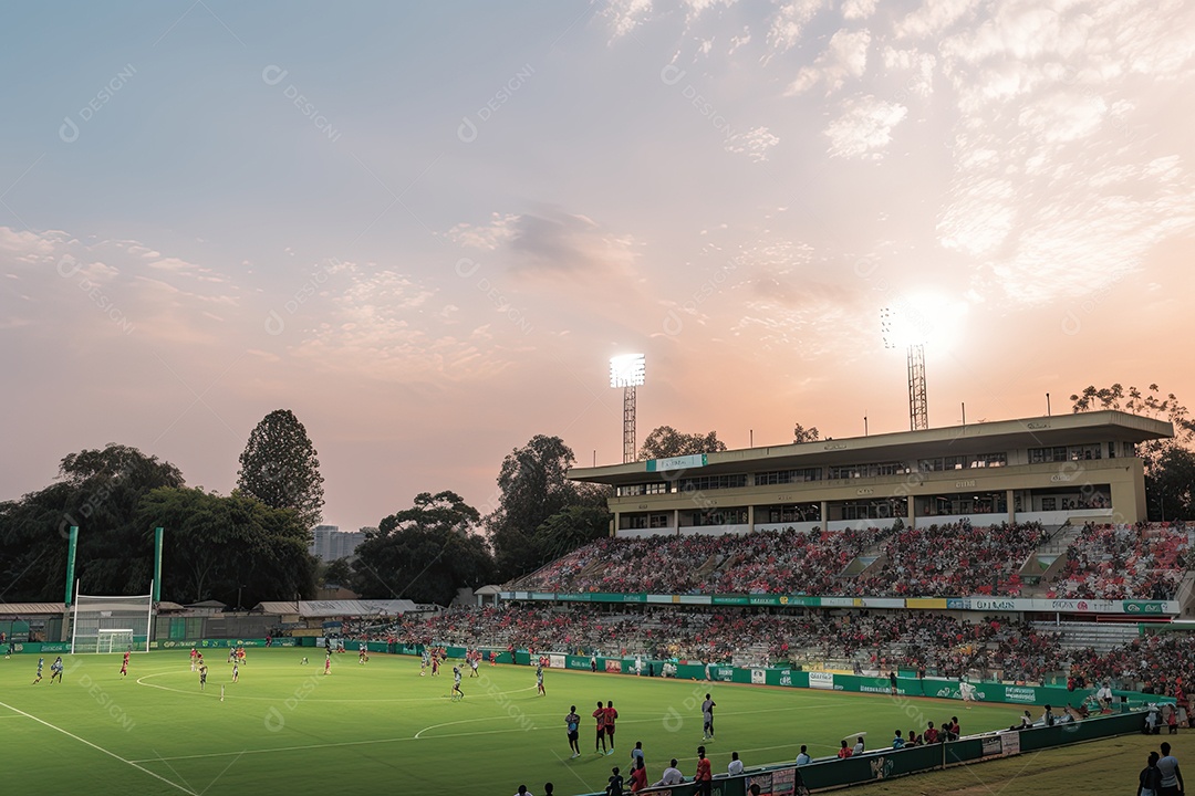 Estádio completo, pitch verde, multidão vibrante