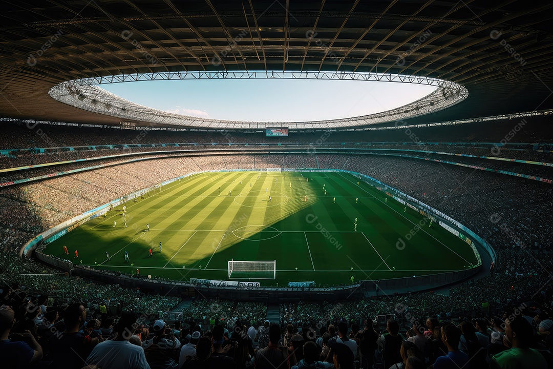 Estádio embalado, jogadores em ação, bandeiras agitando emoção no futebol