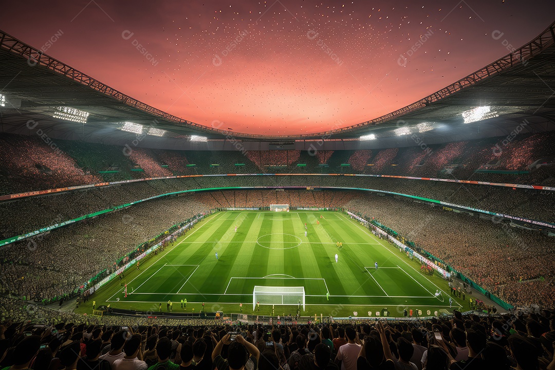 Estádio de futebol lotado, vibrante e emocionante