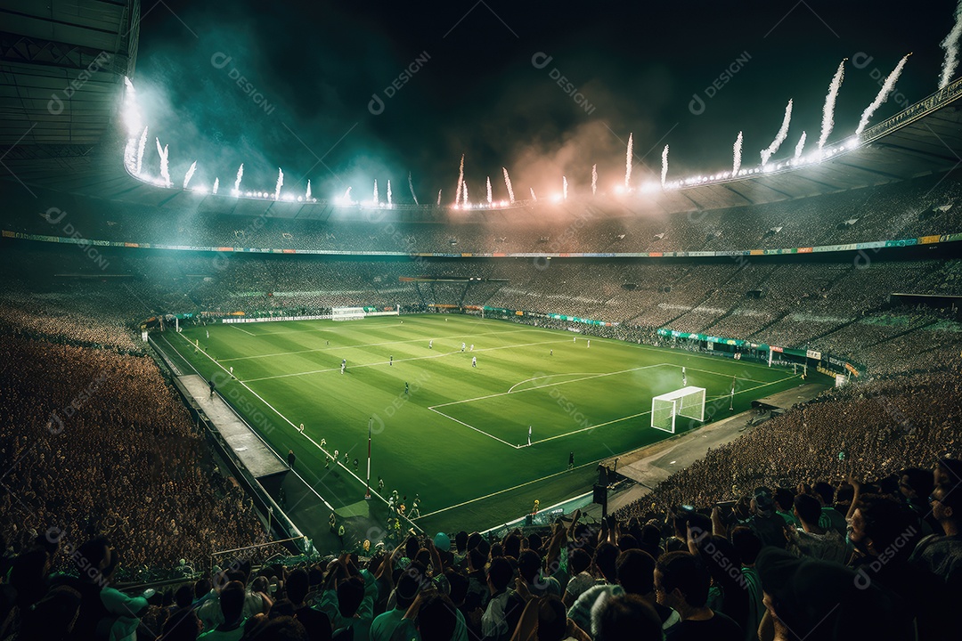 Estádio de futebol lotado, vibrante e emocionante