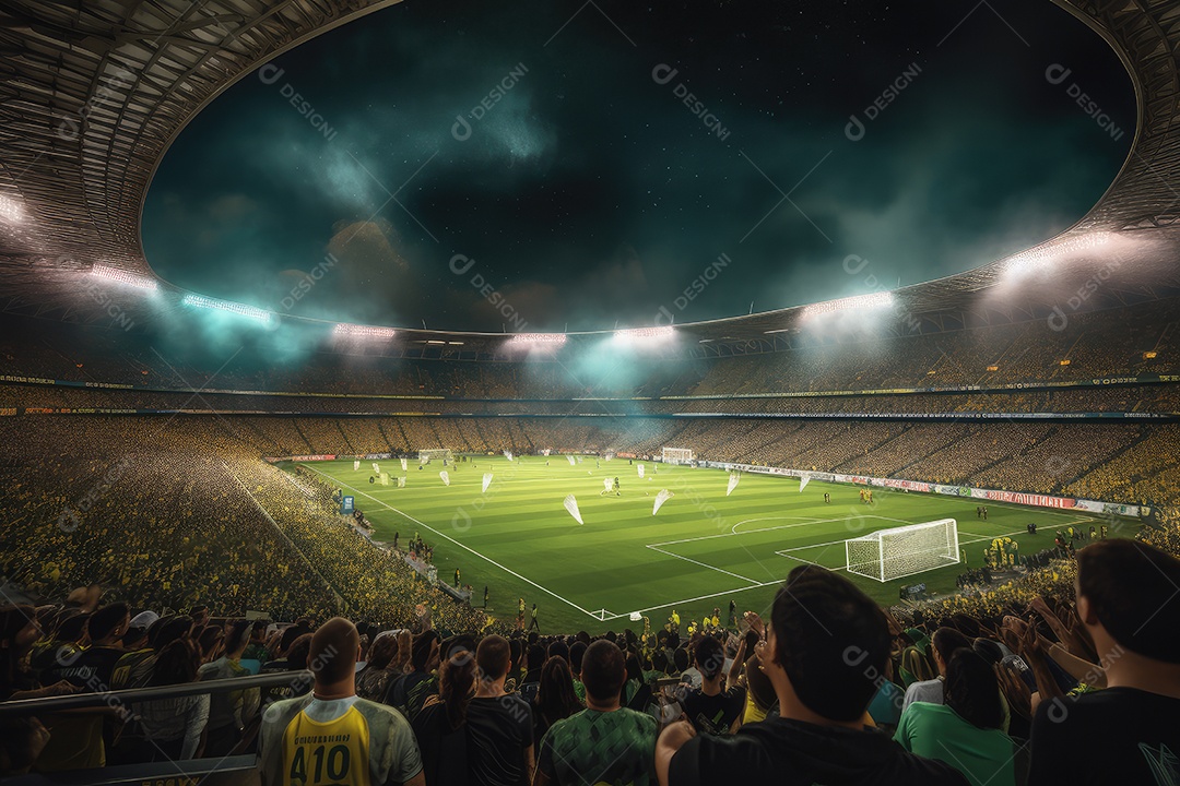 Estádio de futebol lotado, vibrante e emocionante