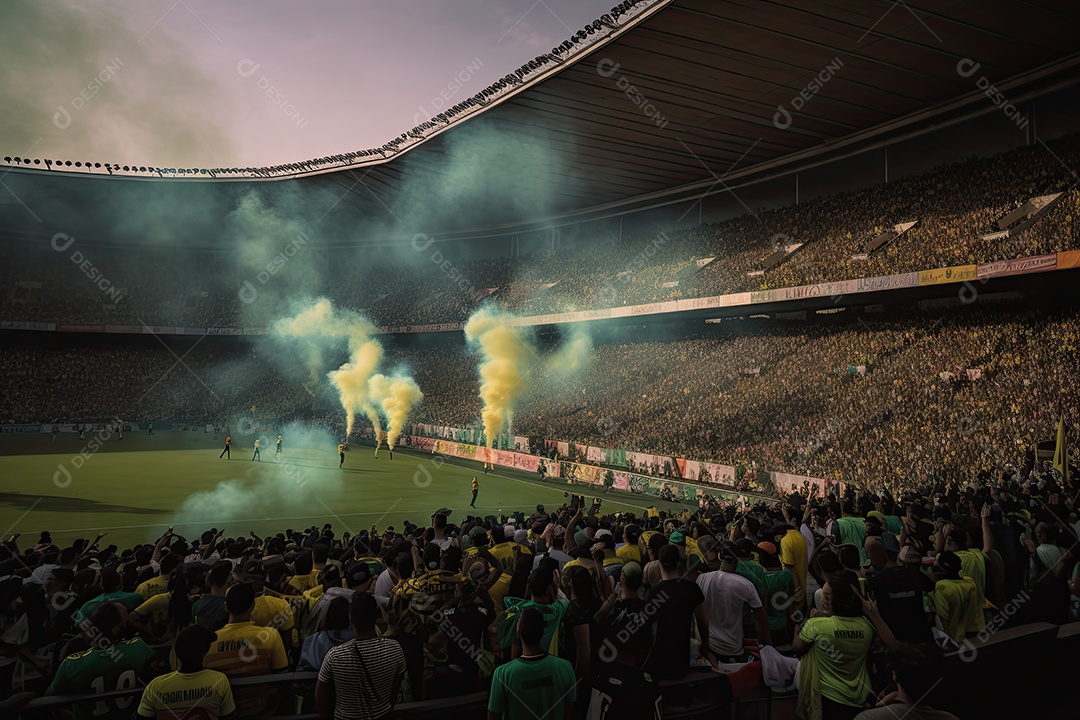 Estádio lotado, fãs emocionantes e jogadores em ação