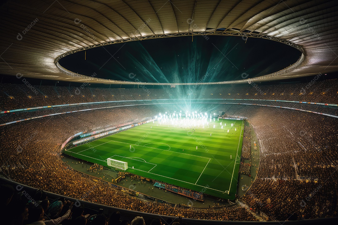 Estádio de futebol lotado com atmosfera vibrante