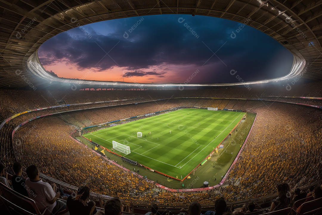 Estádio de futebol lotado com atmosfera vibrante