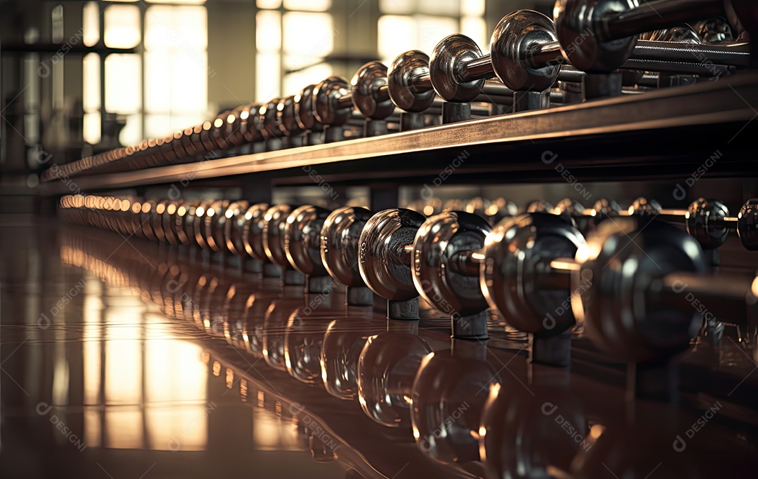 Arranjados com precisão, os pesos da academia brilham no chão brilhante (1)
