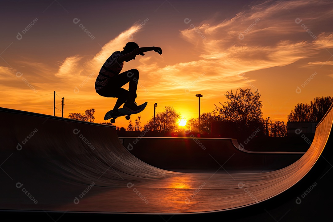 Skateboarder em manobra épica no parque ao pôr do sol