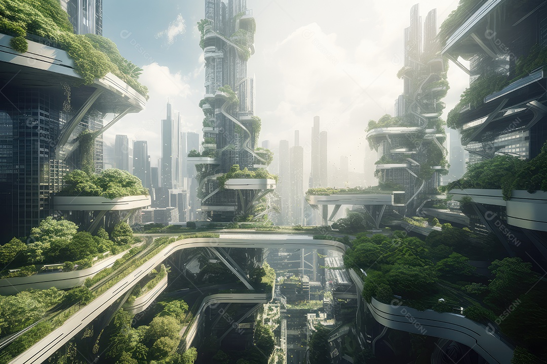 Cidade futurista pulsante com tecnologia e natureza entrelaçadas.