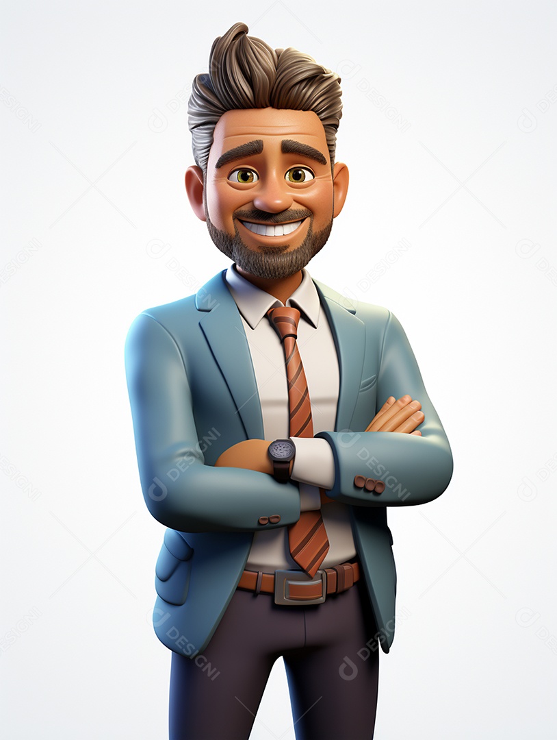 Homem de negócios 3d feliz cruzou os braços em 3d transparente