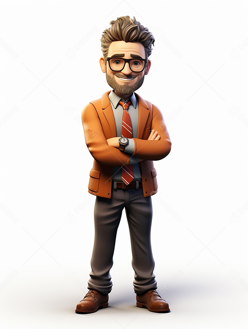 Homem de negócios 3d feliz cruzou os braços em 3d transparente