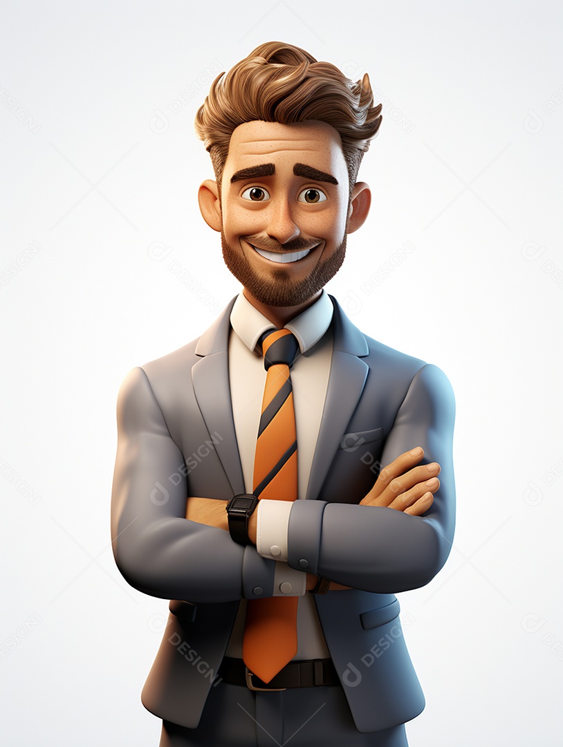 Homem de negócios 3d feliz cruzou os braços em 3d transparente