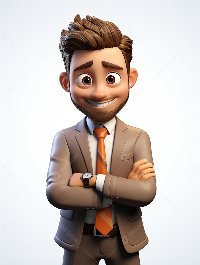 Homem de negócios 3d feliz cruzou os braços em 3d transparente