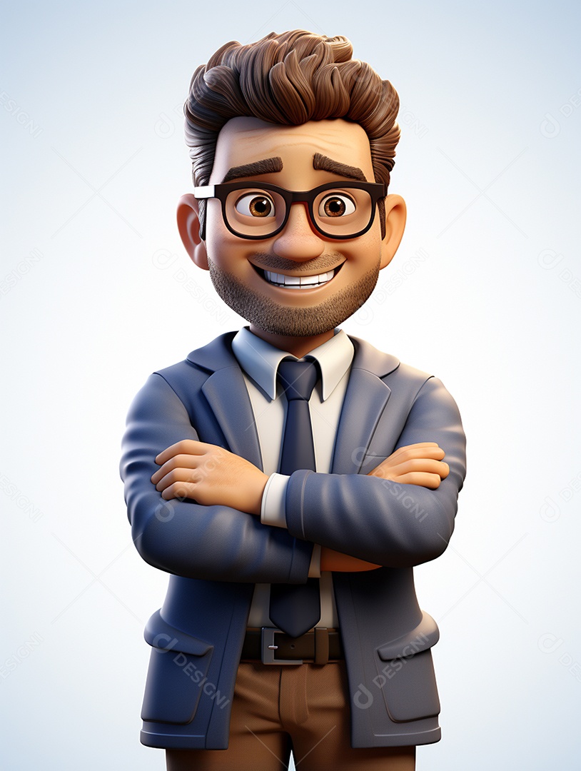 Homem de negócios 3d feliz cruzou os braços em 3d transparente