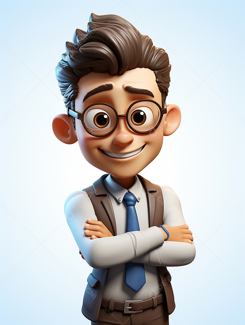 Homem de negócios 3d feliz cruzou os braços em 3d transparente