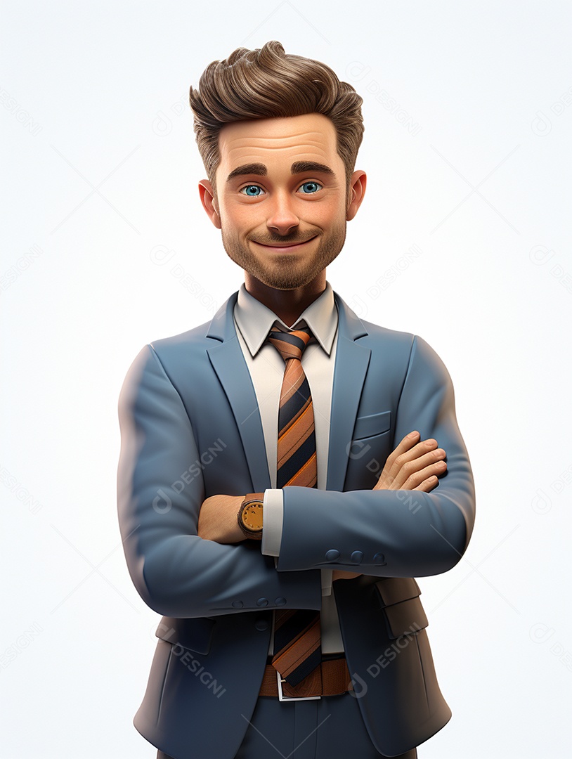 Homem de negócios 3d feliz cruzou os braços em 3d transparente
