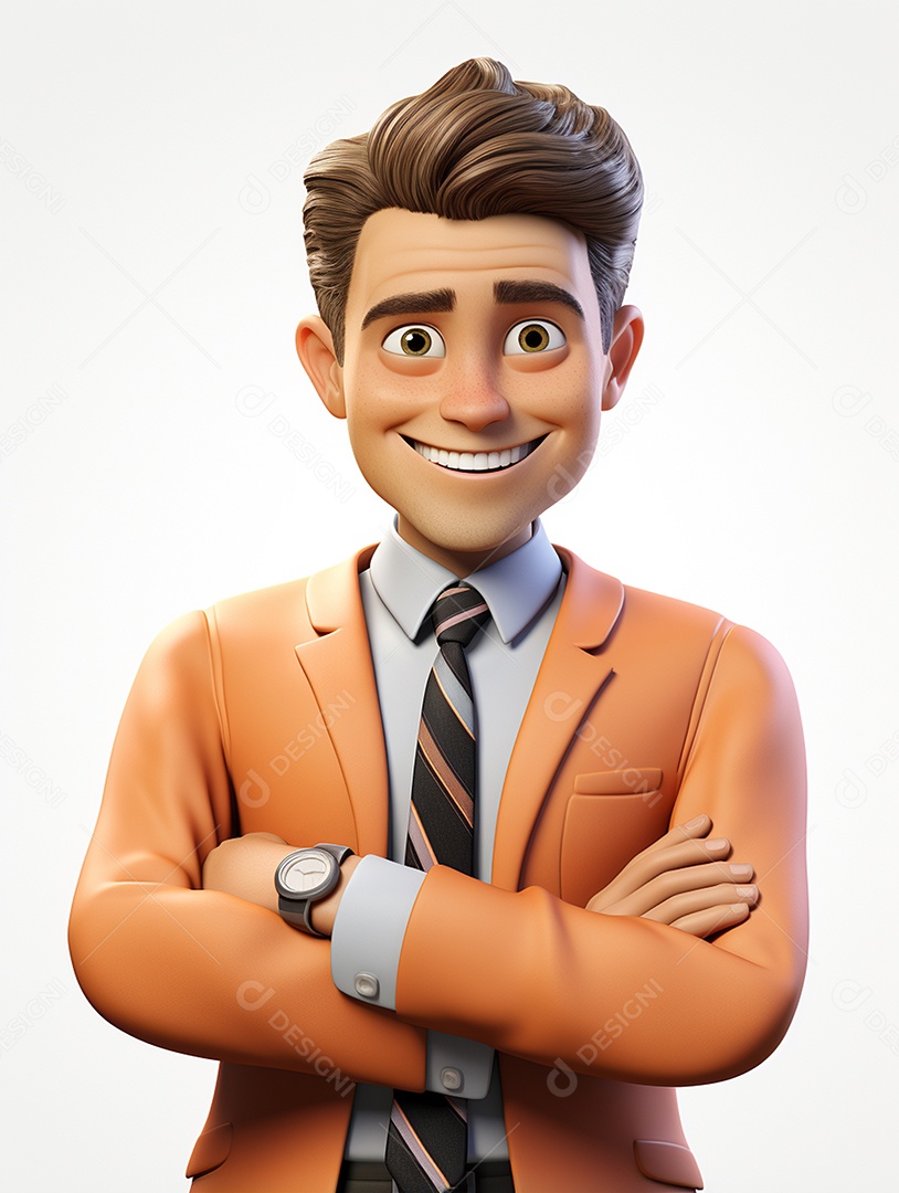 Homem de negócios 3d feliz cruzou os braços em 3d transparente