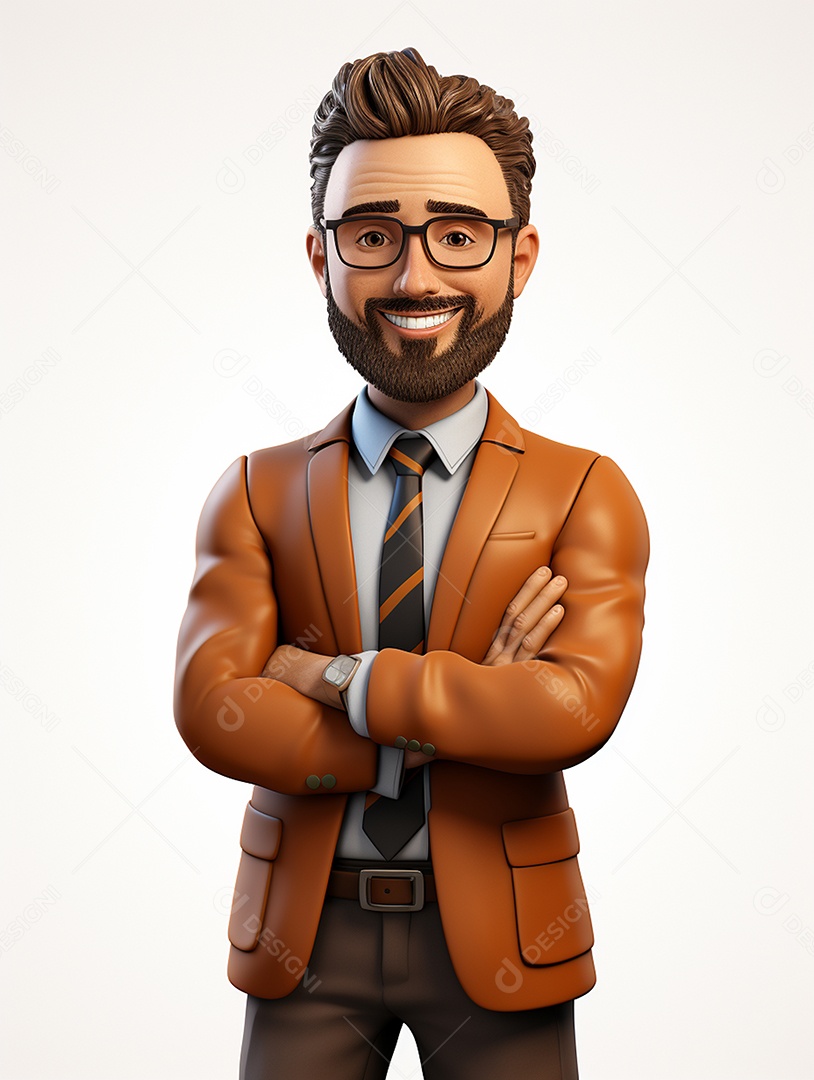 Homem de negócios 3d feliz cruzou os braços em 3d transparente