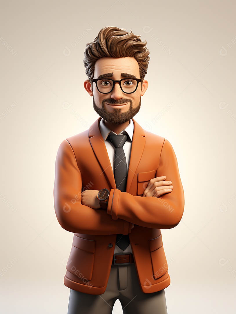 Homem de negócios 3d feliz cruzou os braços em 3d transparente