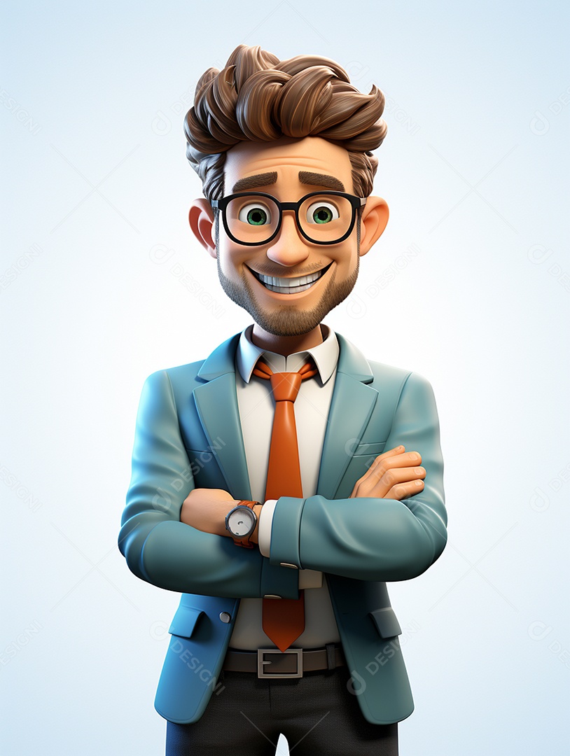 Homem de negócios 3d feliz cruzou os braços em 3d transparente