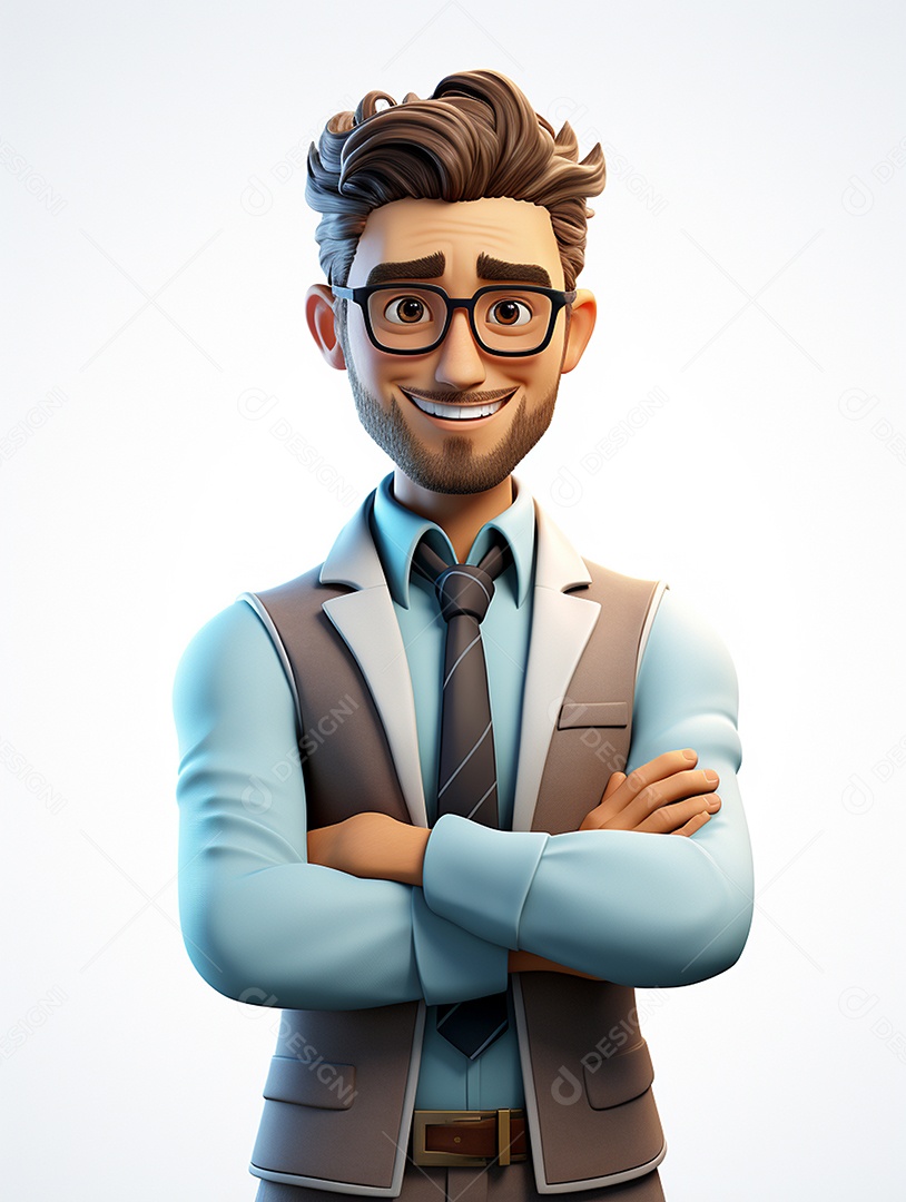 Homem de negócios 3d feliz cruzou os braços em 3d transparente