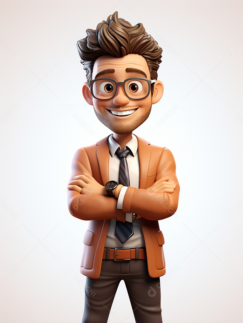 Homem de negócios 3d feliz cruzou os braços em 3d transparente