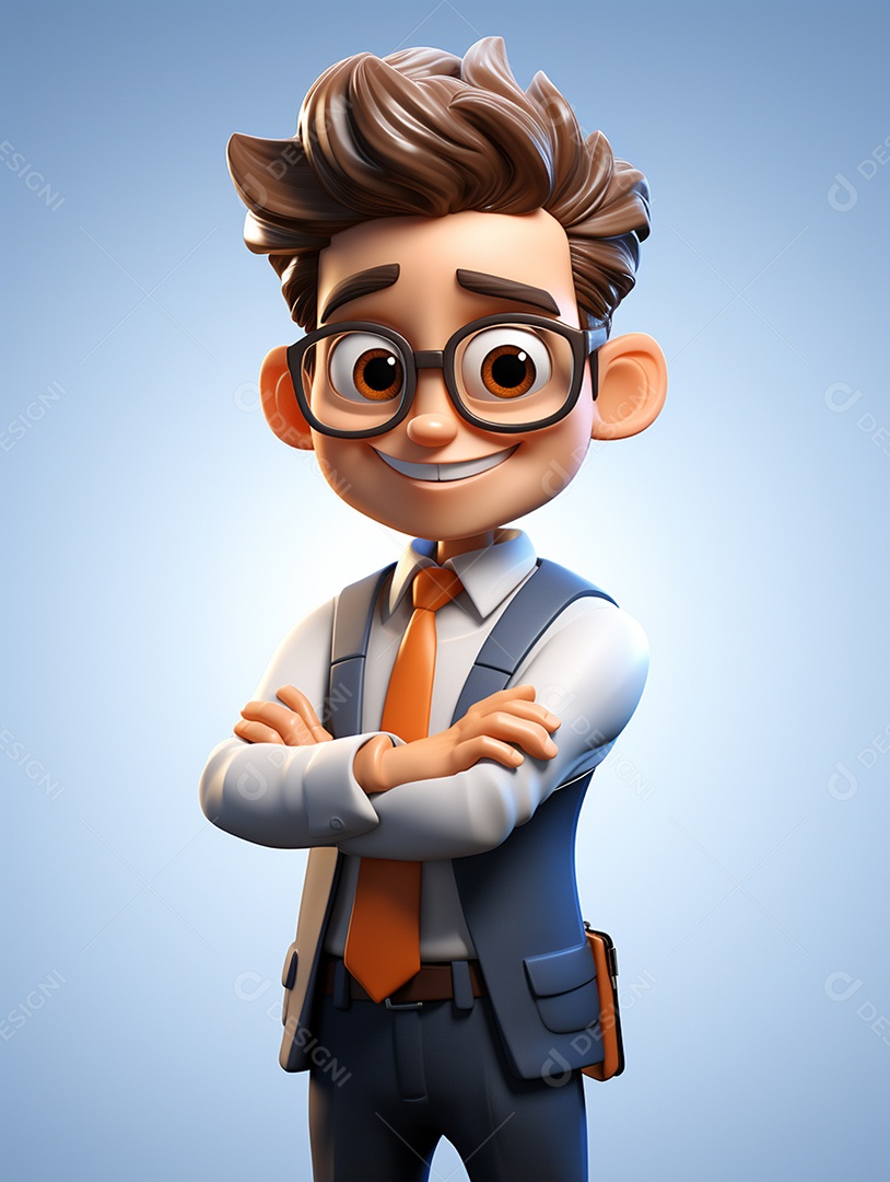 Homem de negócios 3d feliz cruzou os braços em 3d transparente